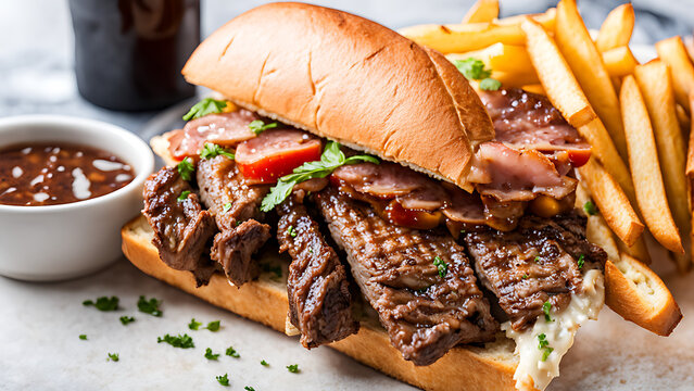 medium rare ribeye steak sandwich served on a baguette with fries 