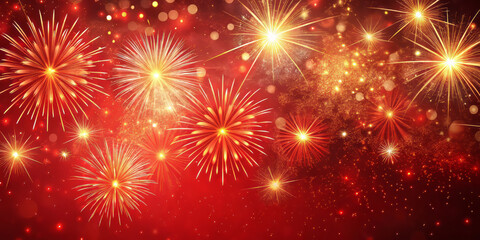 Fototapeta premium vibrant display of red fireworks bursts against sparkling background, creating festive atmosphere filled with excitement and joy. dazzling lights illuminate night sky beautifully