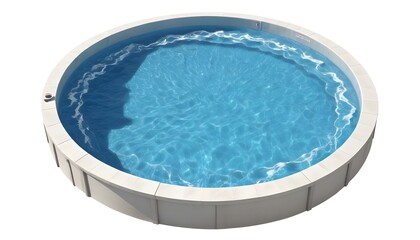 A circular above-ground swimming pool filled with clear blue water and swirling white waves