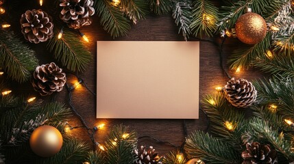Fototapeta premium Blank Christmas card surrounded by holiday decorations like pine cones, ornaments, and fairy lights, ready for custom messages.