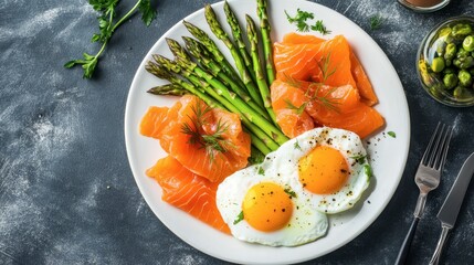A delightful breakfast platter showcasing poached eggs, smoked salmon, and asparagus, elegantly arranged on a white plate.