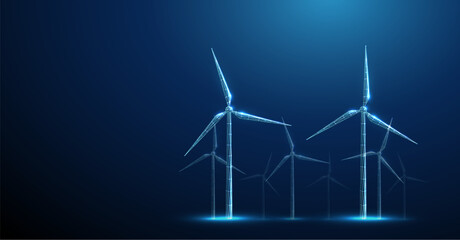 Digital wireframe wind turbines standing in several rows. Renewable energy, sustainability, clean technology, green energy concept. Alternative source of energy. © Елена Бутусова
