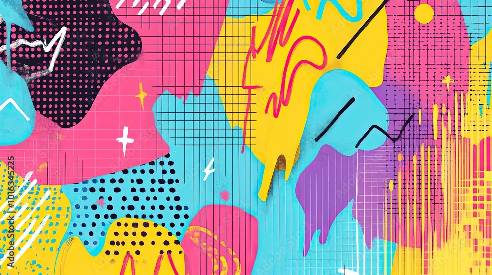 Fototapete classic 90s nostalgia background with colorful grids, squiggly lines, and pop art elements, with amp