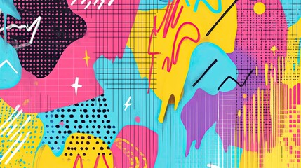 Fototapeta premium Classic 90s nostalgia background with colorful grids, squiggly lines, and pop art elements, with ample space for text.
