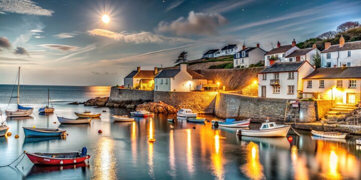 Night Photography of Coverack's Charming Waterfront Fisherman Cottages and Sailing Vessels