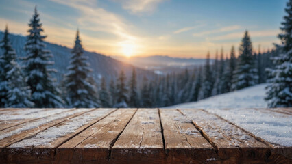 empty wooden table with winter snow landscape on background
