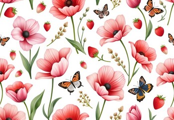 Pattern featuring various flowers, butterflies, and strawberries on a white background. Concept of nature and summer