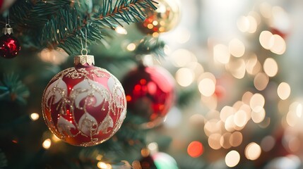 A Close-Up of a Red and White Christmas Ornament Hanging on a Christmas Tree
