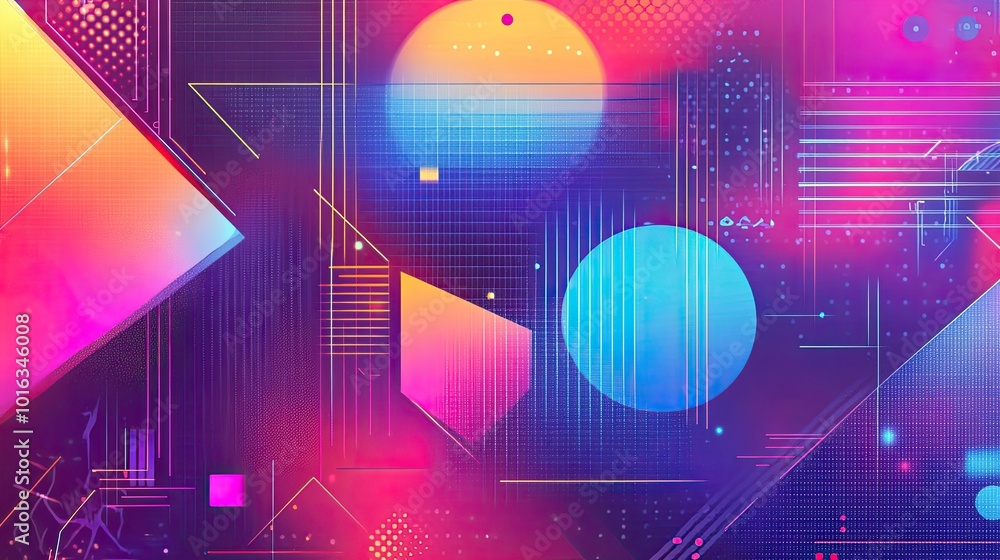 Fototapete nostalgic 90s background with a mix of geometric shapes, neon splashes, and retro vibes, offering lo
