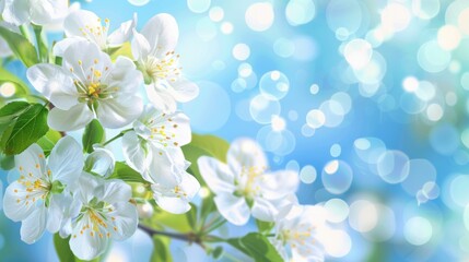 Fototapeta premium Blue Sky with Spring Apple Blossoms and Bokeh: Ideal for Creating Bright and Cheerful Backgrounds