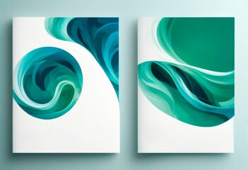 Two canvases with abstract fluid green and blue shapes on a light background. Modern artwork, minimalist design.
