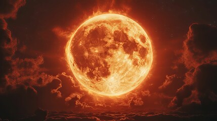 A Fiery Full Moon Rising Through Clouds