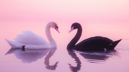 Naklejka premium A dramatic black swan and a pure white swan swimming under a soft pink sky at dusk.