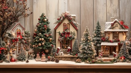 Fototapeta premium Seasonal Christmas display: cozy winter Christmas scene, beach-themed summer Christmas, fall foliage with Christmas accents, and springtime Easter-themed Christmas.