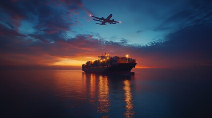 Silhouette of ship sailing on the ocean at sunset, casting long shadows on the water as the sun dips below the horizon