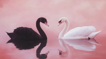 Naklejka premium A dramatic black swan and a pure white swan swimming under a soft pink sky at dusk.