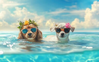 A romantic beach scene with a cute dog couple swimming in the tropical ocean. One puppy wears a flower crown and sunglasses, adding a humorous touch to this pet-themed summer vacation banner