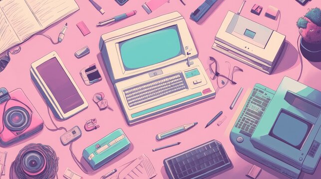 Throwback to the 90s with a background full of pastel gradients, old-school tech icons, and plenty of room for copy.