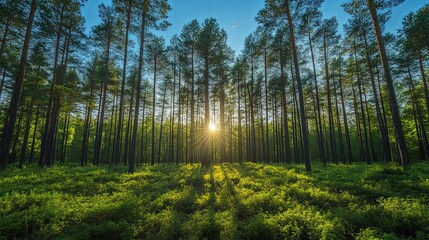 Obraz premium Sun Shining Through Tall Pine Trees in a Lush Forest