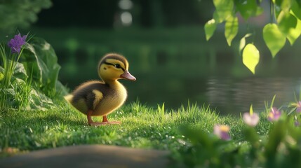 A duckling exploring a grassy area, its small feet making tiny impressions in the earth as it curiously investigates its surroundings.
