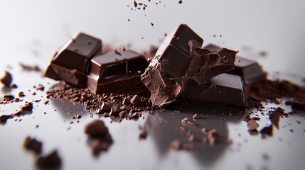 Tempting dark chocolate pieces isolated on white background