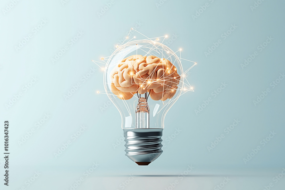 Sticker Conceptual image of a light bulb with a human brain inside, connected by glowing neural pathways, symbolizing creativity, innovation, and artificial intelligence.