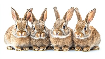 Fototapeta premium Four brown baby rabbits looking at the camera on a white background.