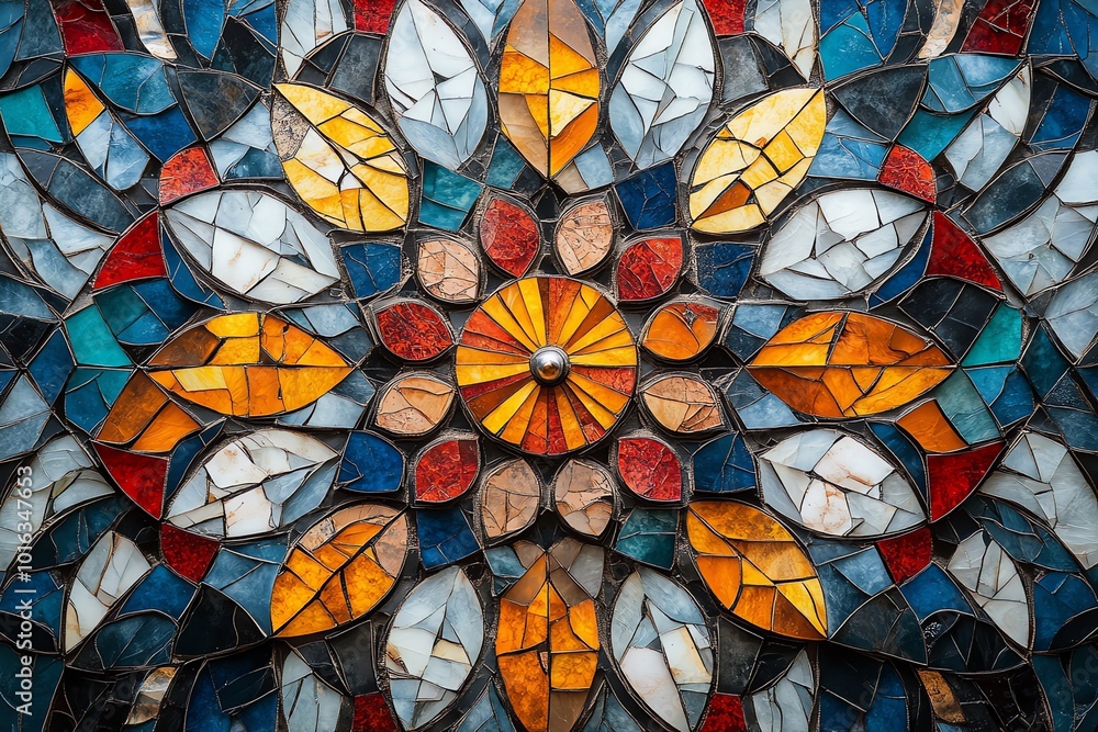 Poster close-up of a colorful mosaic design with a central circular element surrounded by radiating shapes.