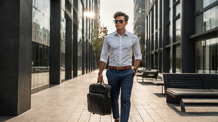 A smart younge business man walking in very relax and smiling face laptop bag in his hand, photo with pentration simplr white background photo