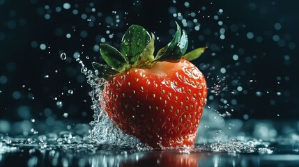 A dynamic shot of a fresh strawberry being sliced, with juice droplets visible, capturing the essence of freshness and flavor.