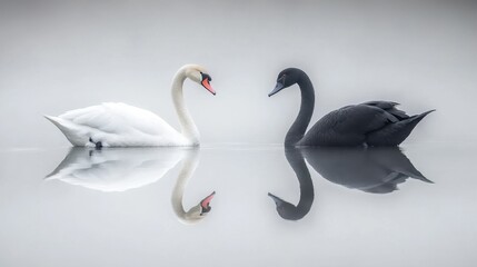 Fototapeta premium A graceful white swan and a mysterious black swan wading in shallow water with their reflections below.