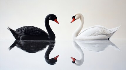 Fototapeta premium A graceful white swan and a mysterious black swan wading in shallow water with their reflections below.