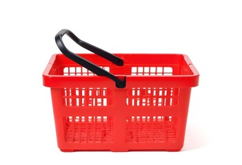 Fototapeta premium A red plastic shopping basket with black handles