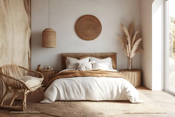 Modern minimalist bedroom with boho-inspired decor, natural materials and earthy tones