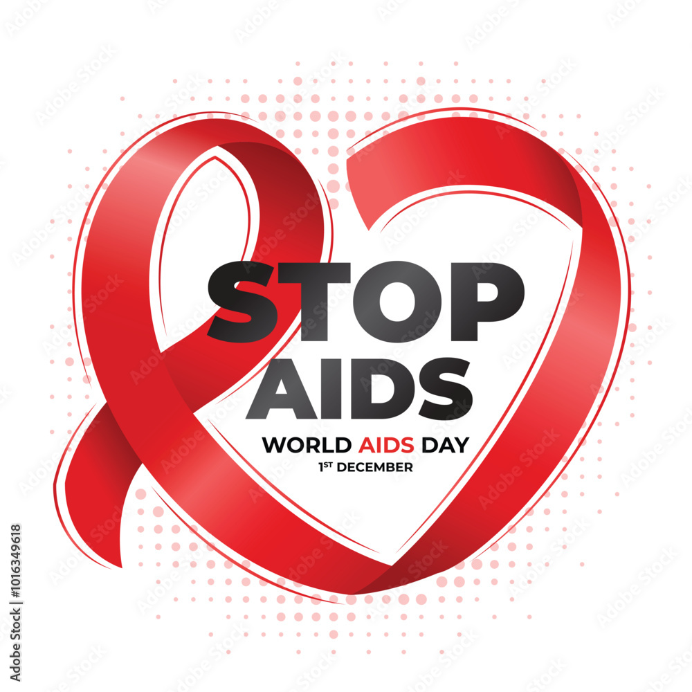 Poster world aids day - text in red ribbon with roll to heart frame shape on dot texture background vector 