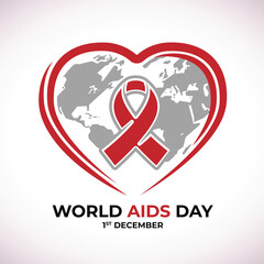 World aids day - Red ribbon sign on world map texture in red line heart sign vector design