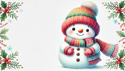 Fr&ouml;hlicher Schneemann auf dem wei&szlig;em Hintergrund. Perfekt  f&uuml;r Weihnachtskarten, Blog-Designs, Websites, Illustration von Winterm&auml;rchen. Generative KI
