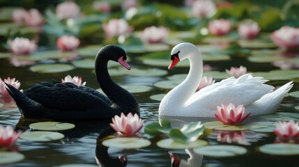 Obraz premium A peaceful image of a white swan and black swan surrounded by delicate water lilies on a clear lake.