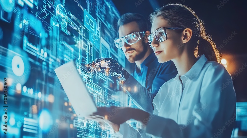 Poster professionals analyzing data trends with advanced technology in a futuristic office setting during n