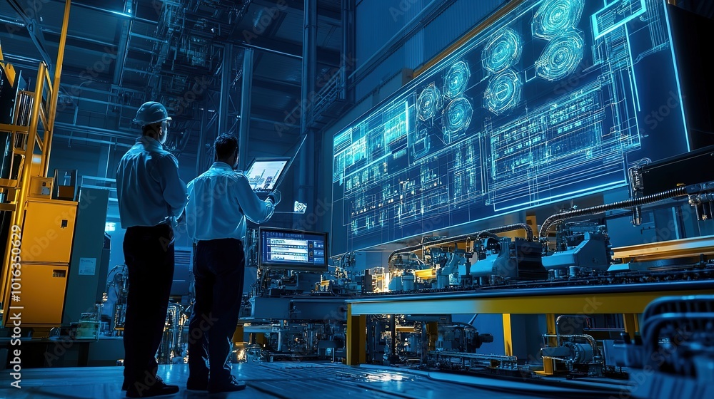 Poster professionals analyzing data trends with advanced technology in a futuristic office setting during n