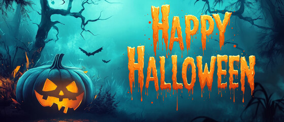 A vibrant halloween banner featuring a carved pumpkin bats and eerie trees under a spooky blue sky