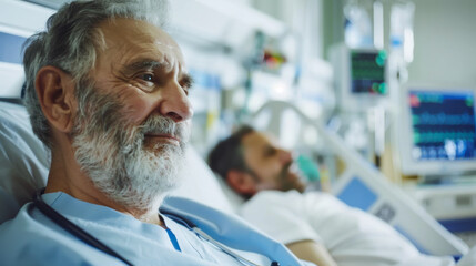 Obraz premium Elderly man in hospital bed receiving care while younger patient rests nearby in a medical facility