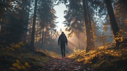 A lone hiker walks a path through a misty forest with sunlight streaming through the trees.
