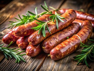 Raw Smoked Sausages with Rosemary on Kitchen Table - Close Up Portrait Photography
