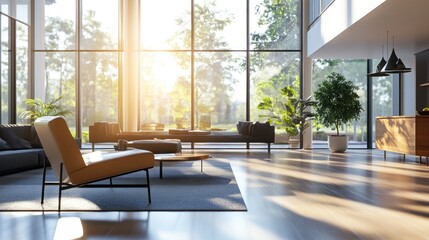 Fototapeta premium A bright, modern living room with large windows, plants, and stylish furniture.