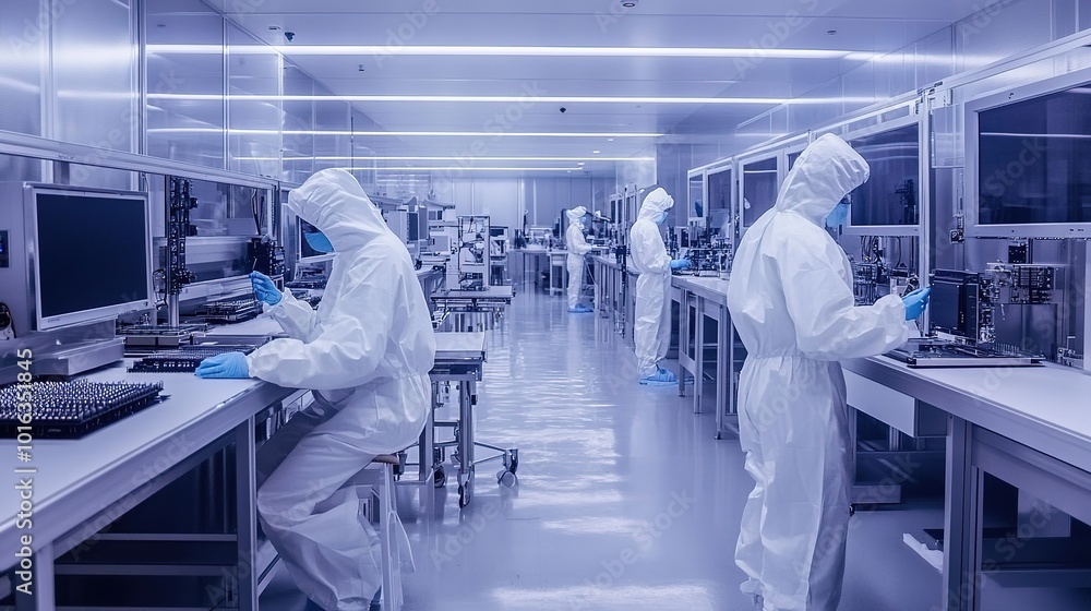 Poster technicians working in a cleanroom assembly area with advanced technology in a high-tech facility du