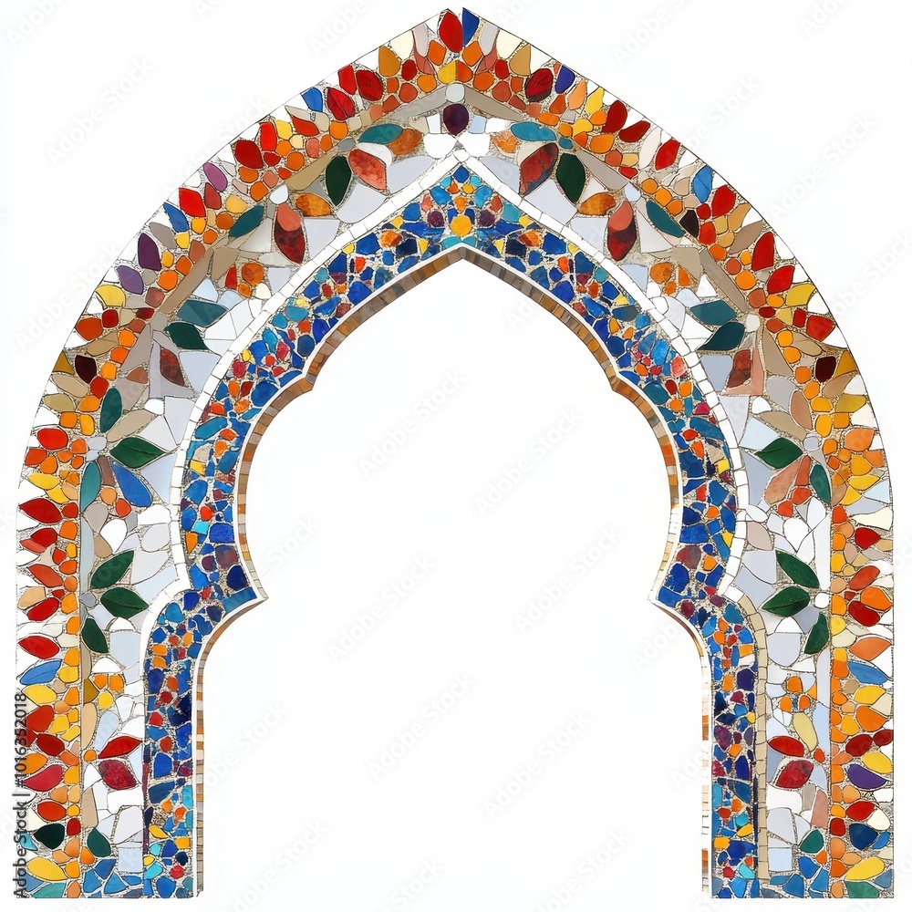 Poster decorative arch design featuring vibrant mosaic patterns and intricate shapes.