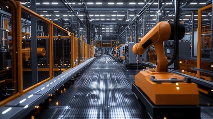 Naklejka premium Modern factory with automated machinery and workers assembling electronics during daytime operations in a bustling production environment
