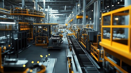 Fototapeta premium Modern factory with automated machinery and workers assembling electronics during daytime operations in a bustling production environment