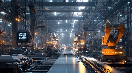 Fototapeta premium Advanced robotics assembly line in a modern manufacturing facility with automated arms working efficiently under bright lighting